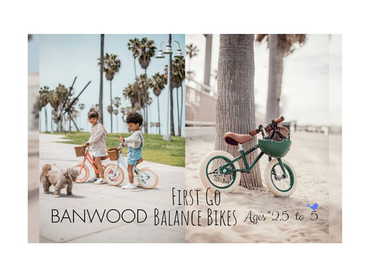 Two kids riding Banwood Balance Bikes on a sidewalk with another balance bike 