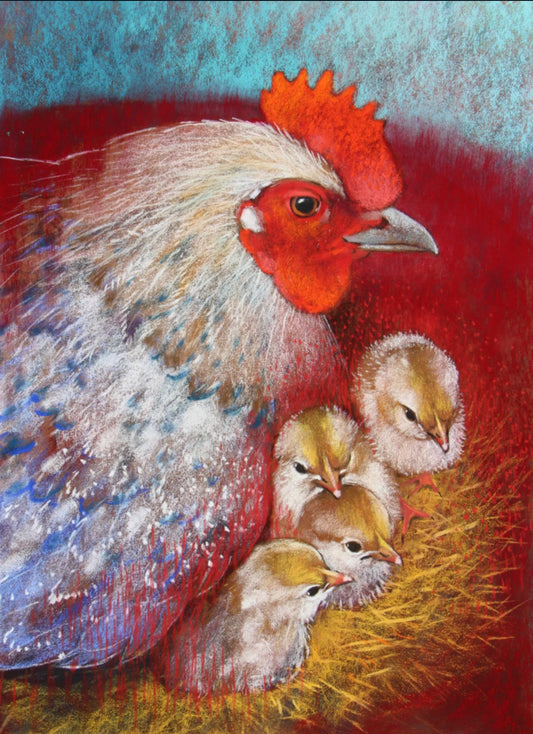 Guarding (Hen with 4 chicks) by Loes Botman, Art Card & Postcard
