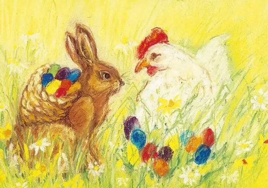Marjan van Zeyl Postcards, Red Easter Egg, Girl and Bunny - Alder & Alouette