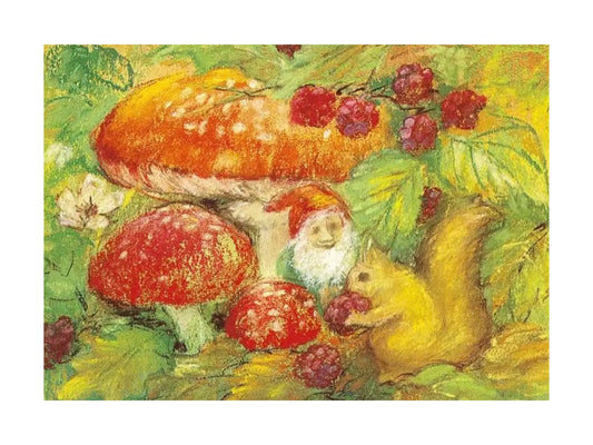 Illustration of a gnome and squirrel with mushrooms and berries