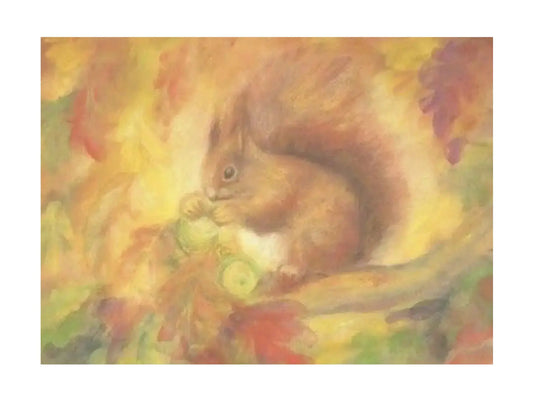 Postcard of a squirrel on a branch with autumn leaves