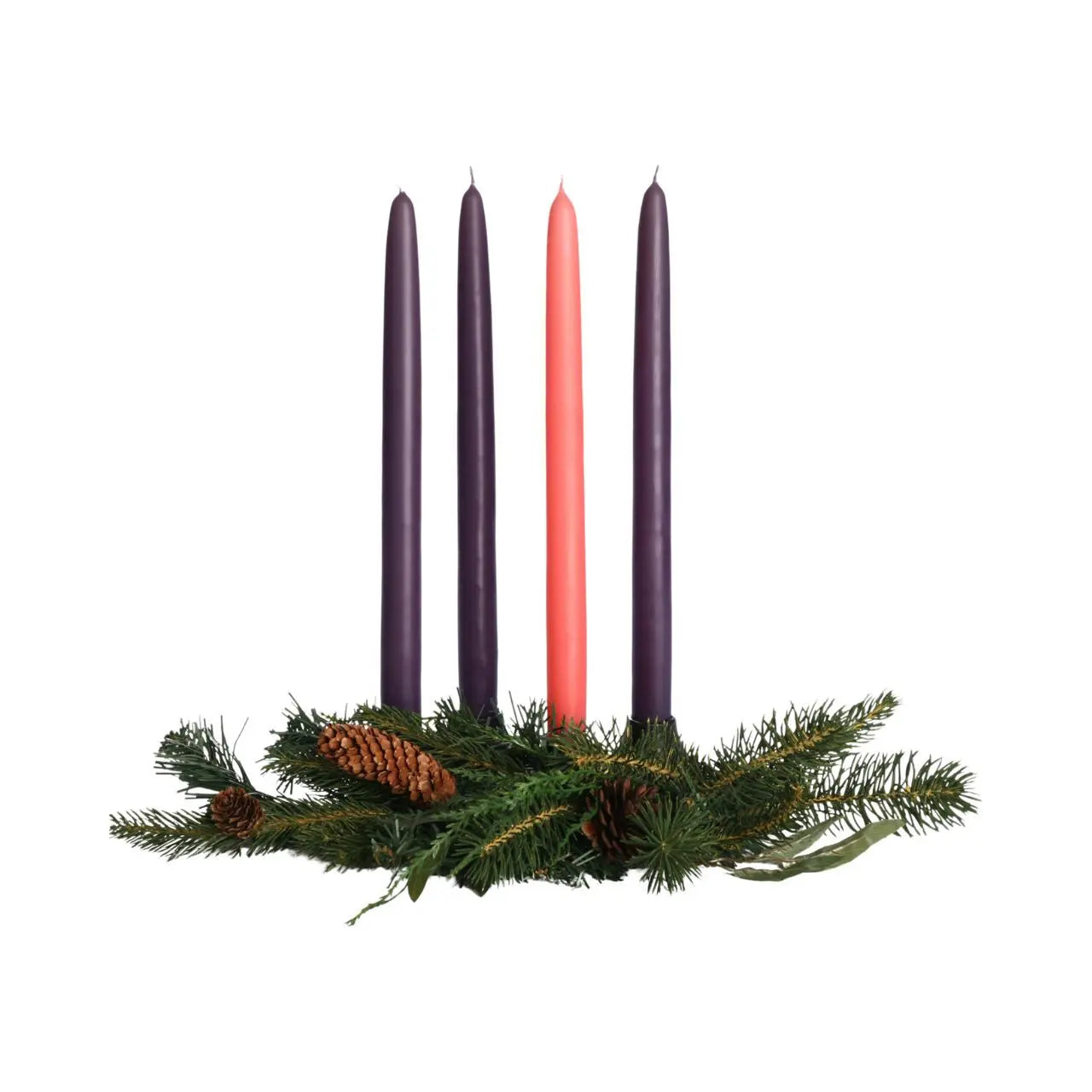 Purple and Pink Advent Candles in a pine bough display 