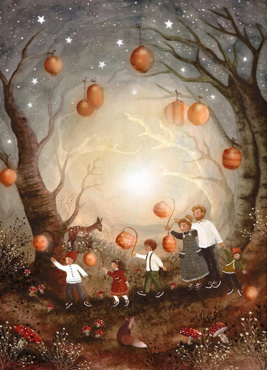 Lantern Walk Art Postcard by Bijdehansje  of family walking in autumn woods with lanterns on sticks