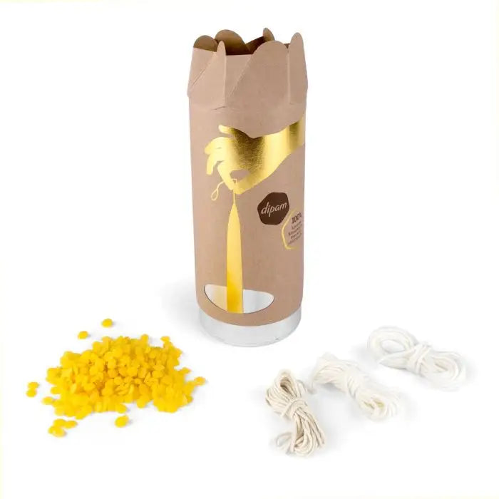 Decorative item with yellow beads and white string on a white background