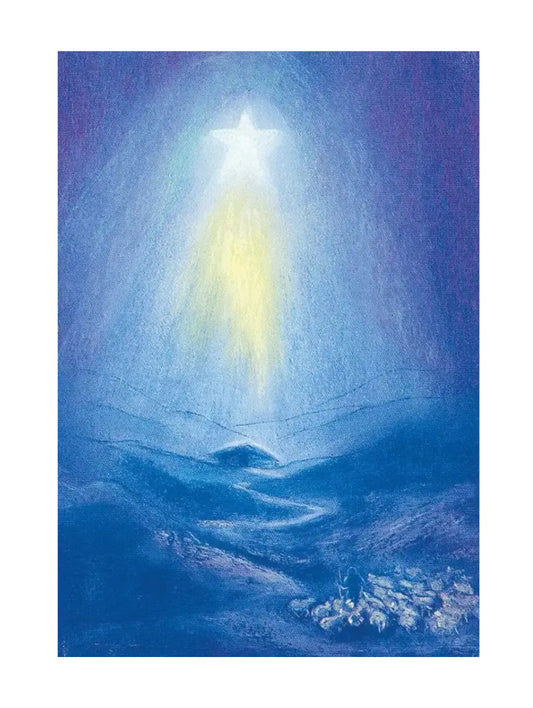 Christmas Star in a blue sky and landscape with shepherd and flock in foreground