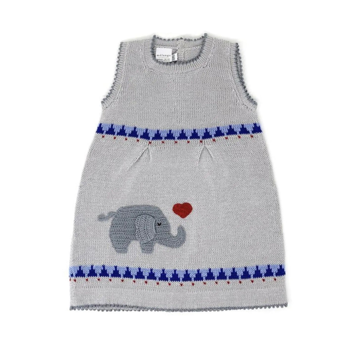 Toddler Hand Knit Cotton Dress in Gray with blue and dark gray trim and red heart
