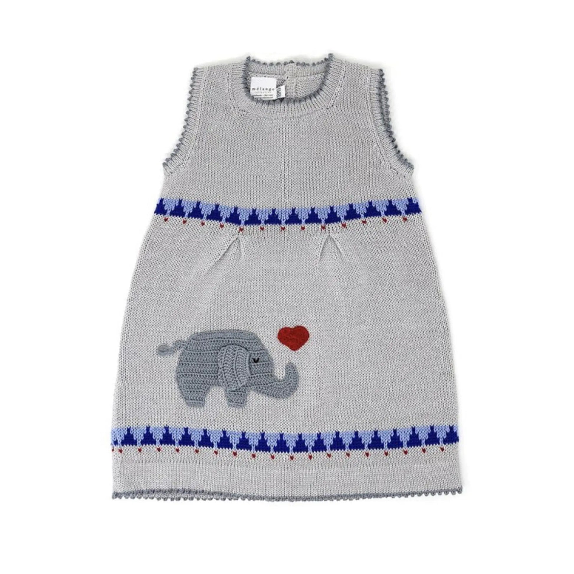 Toddler Hand Knit Cotton Dress in Gray with blue and dark gray trim and red heart
