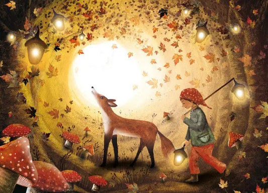 Glow in the Dark art Postcard by Bijdehansje wth fox and child holding lantern over shoulder walking in forest