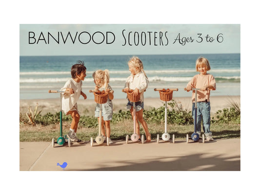 Banwood Scooters in different colors with Kids Ages 3 to 6 years in front of a beach
