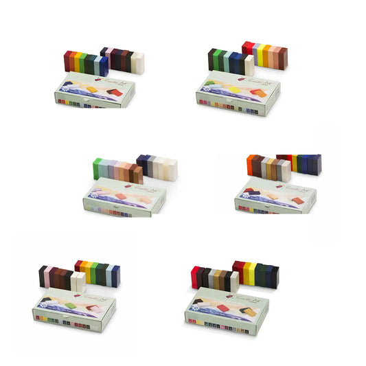 Multiple boxes of colorful Encaustic Art wax block sets arranged in a grid on a white background