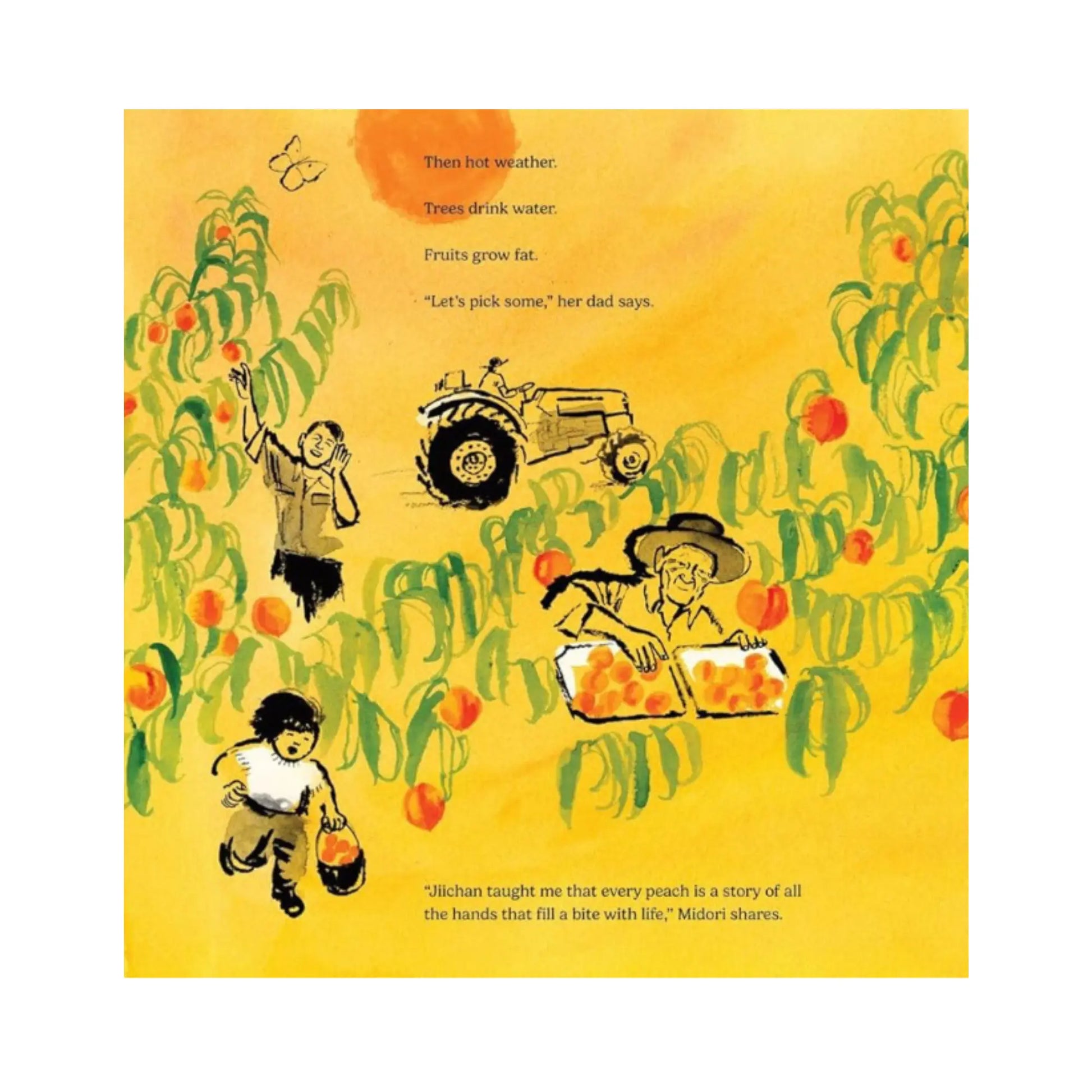 Illustration of children picking peaches with a tractor and text on a yellow background