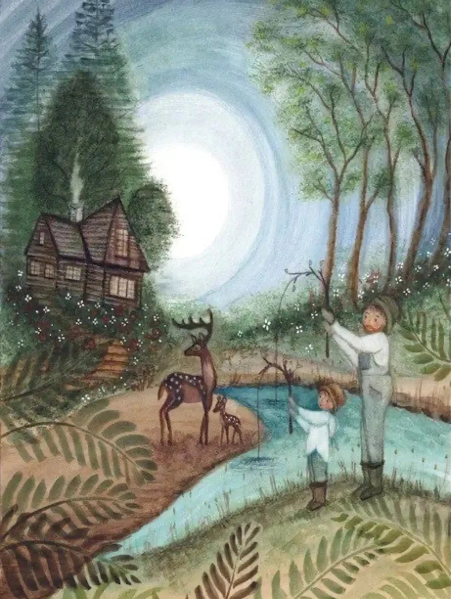 Painting of a boy and deer by a cabin in the woods with a full moon.