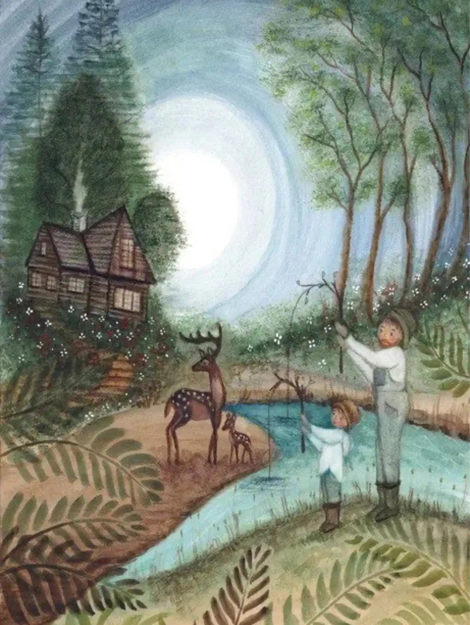 Painting of a boy and deer by a cabin in the woods with a full moon.