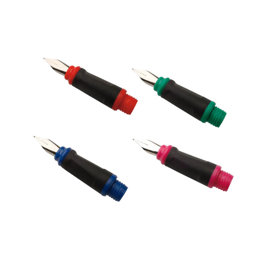 Four Greenfield Fountain Pen Ergonomic Nibs in Blue, Pink, Red and Green side by side