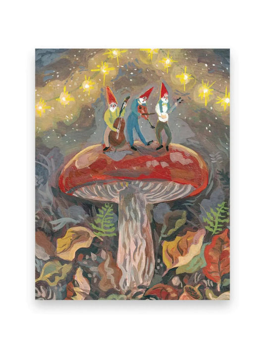 Mushroom Band postcard of gnomes playing instruments in a whimsical forest, Waldorf-inspired