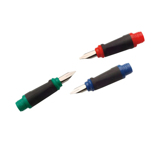 Greenfield Calligraphy Pen Nibs in three styles placed side by side - Fine, Medium, Broad
