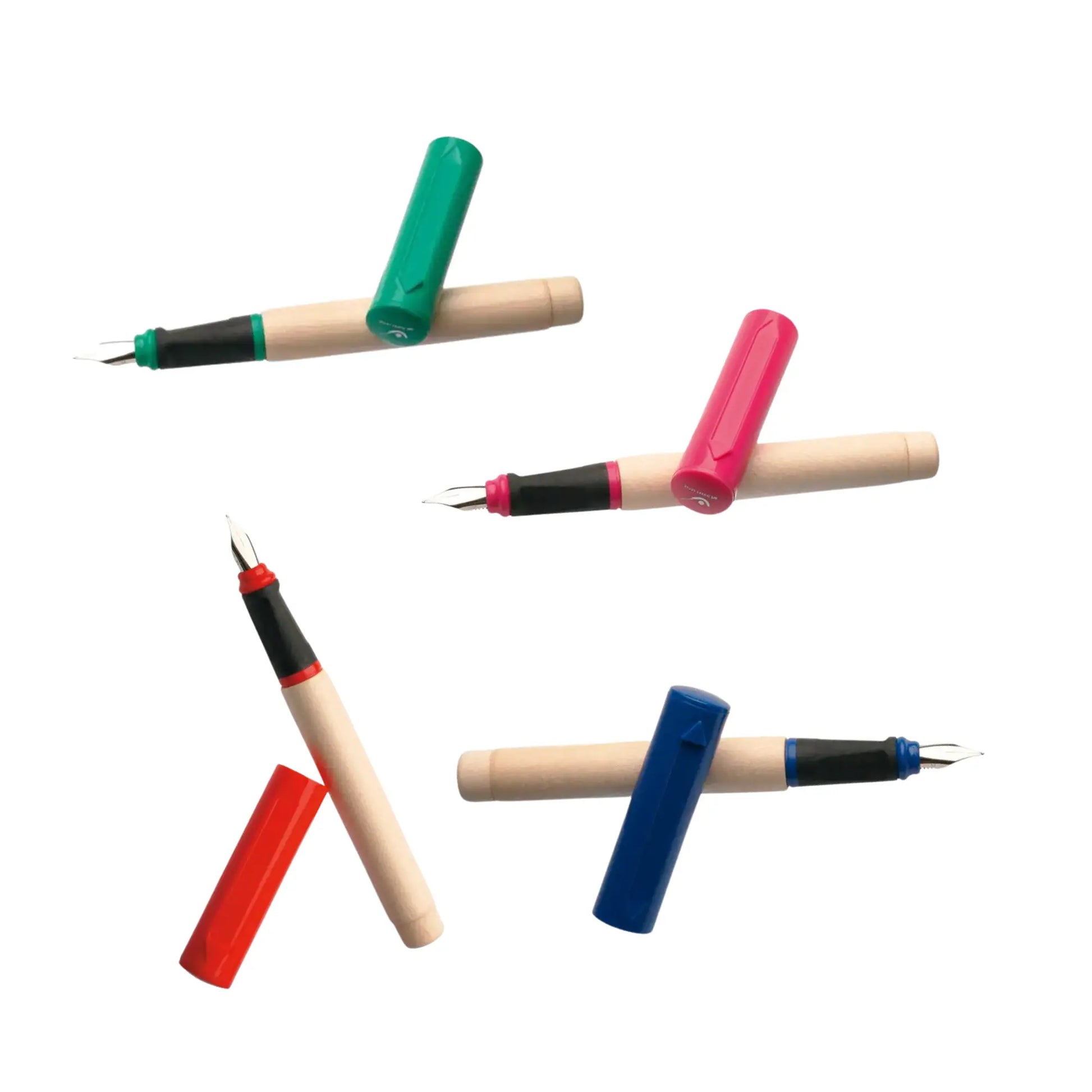 Four Greenfield Fountain Pens with matching caps in Green, Blue, Pink and Red