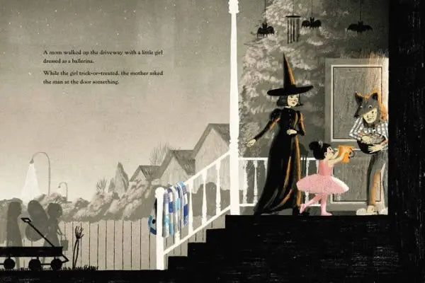 Illustration of a witch and a girl in a pink dress on a staircase with text.