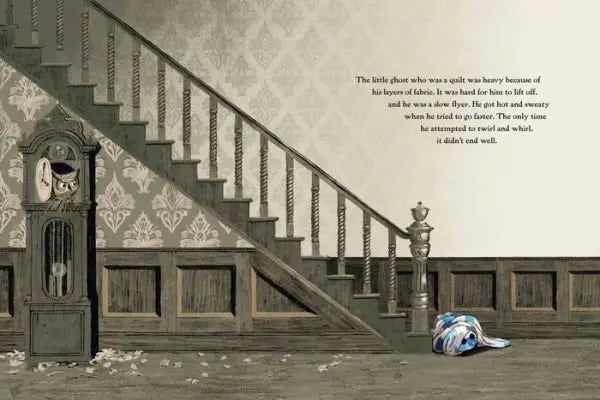Staircase with a grandfather clock and a ghostly figure on the floor, with text overlay.