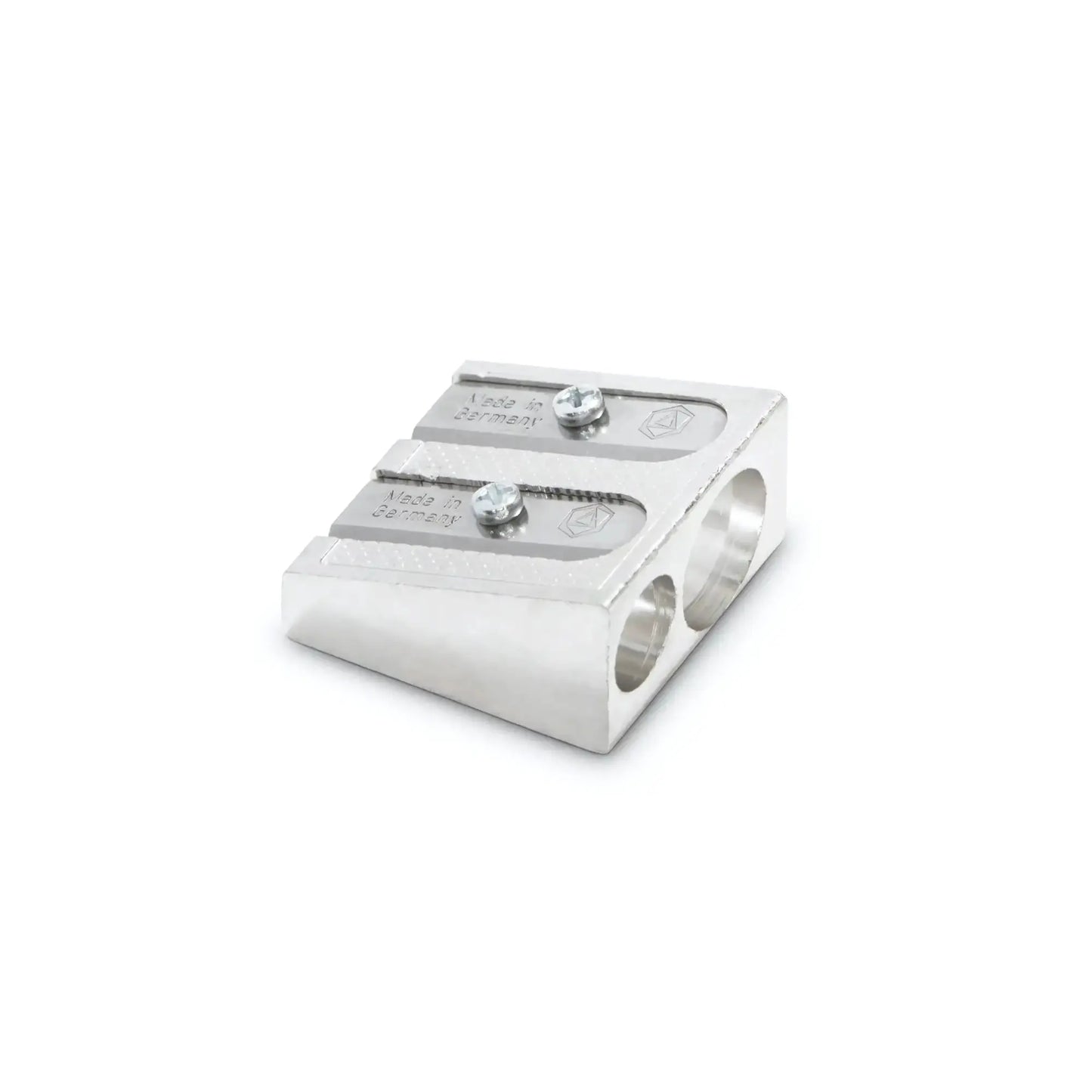 Front view of Stockmar metal dual pencil sharpener showing two different sized holes