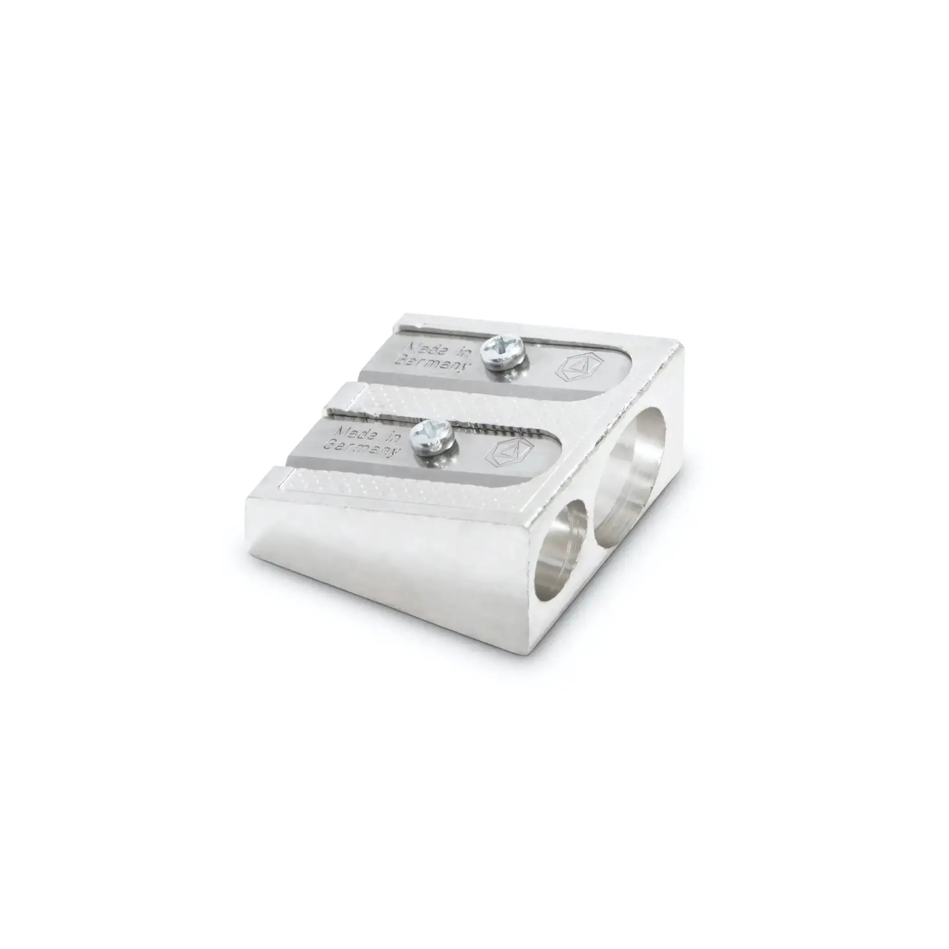 Front view of Stockmar metal dual pencil sharpener showing two different sized holes