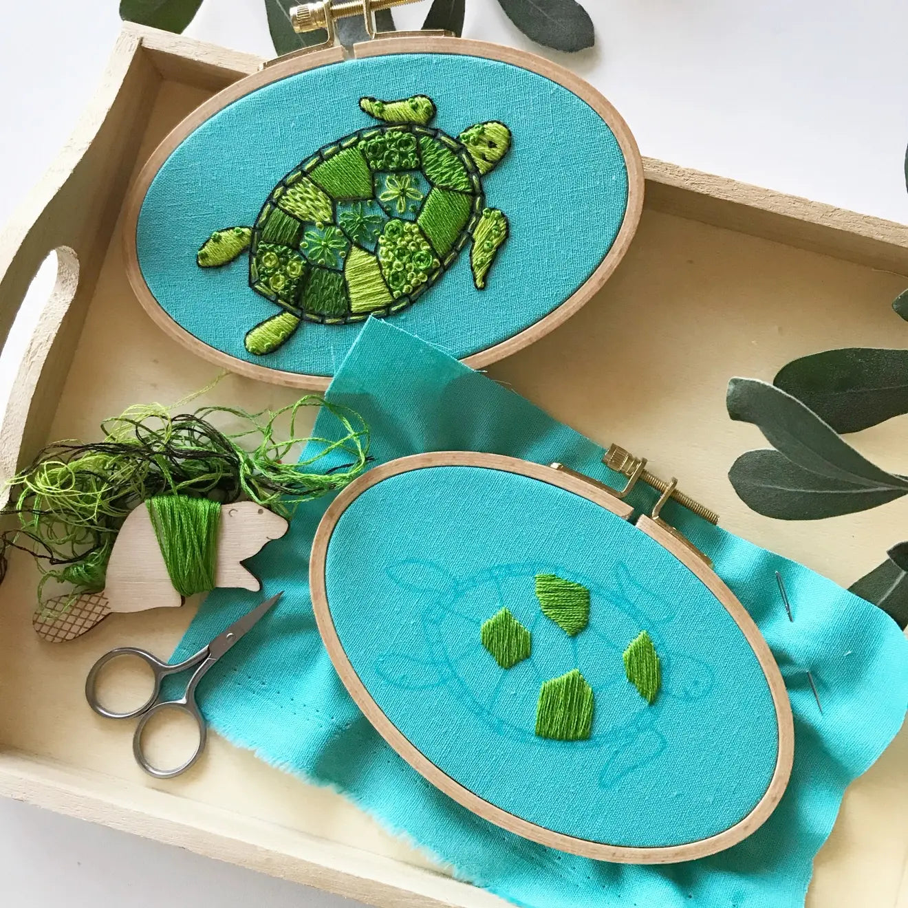 LEARN TO EMBROIDER KIT - GREEN SEA TURTLE in beginning and complete stages - Alder & Alouette