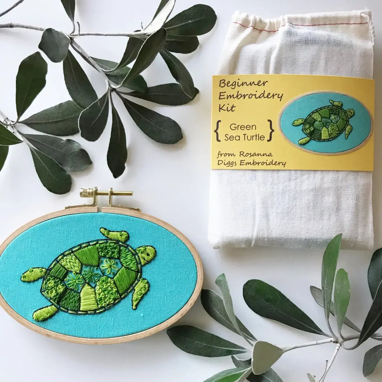 LEARN TO EMBROIDER KIT - GREEN SEA TURTLE, choose your own shell designs - Alder & Alouette