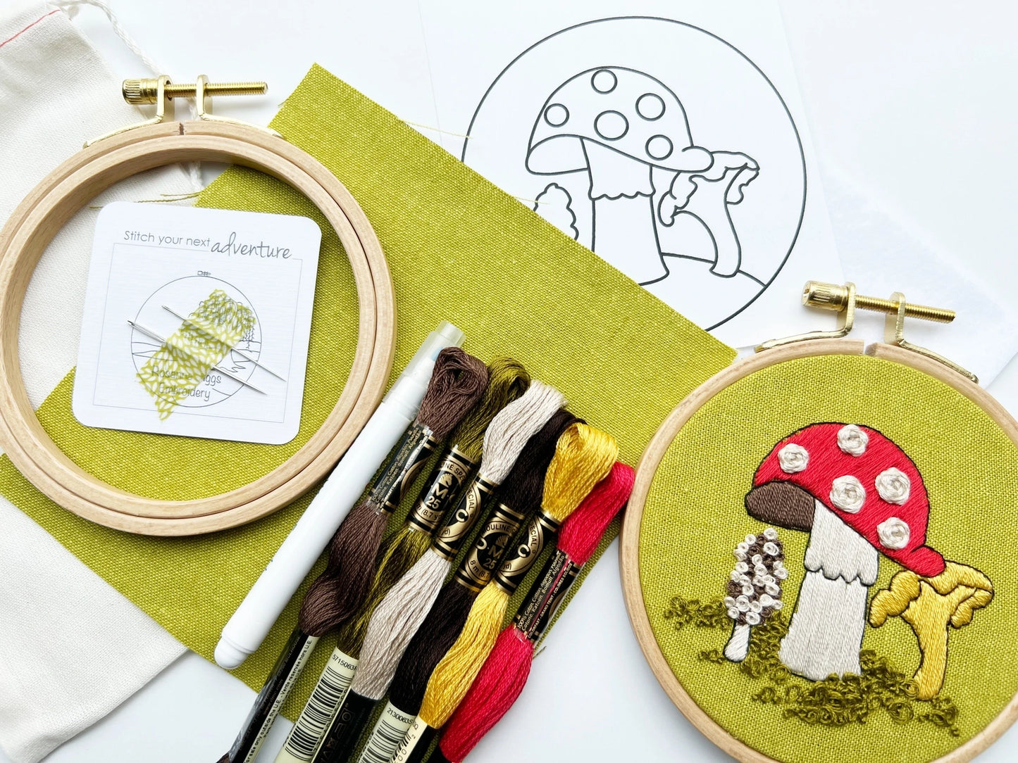 Learn to Embroider Kit - 5 Basic and Fancy Stitches - Mushrooms All Around