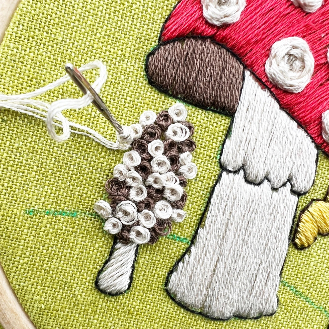 Learn to Embroider Kit - 5 Basic and Fancy Stitches - Mushrooms All Around