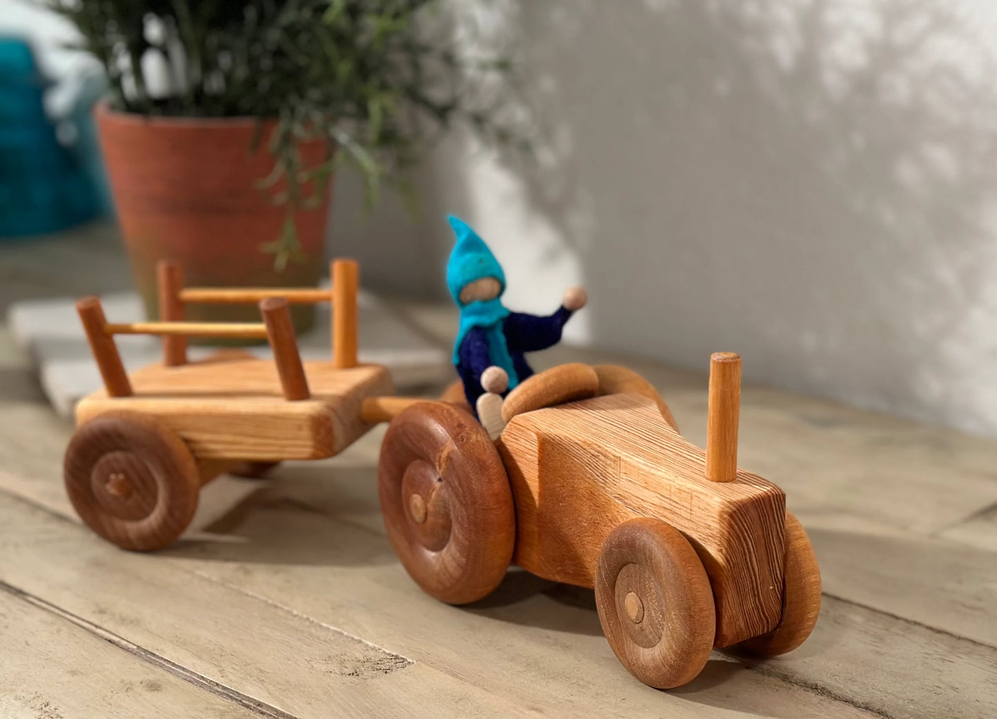 Debresk Wooden Toy Tractor w/ Trailer, Small