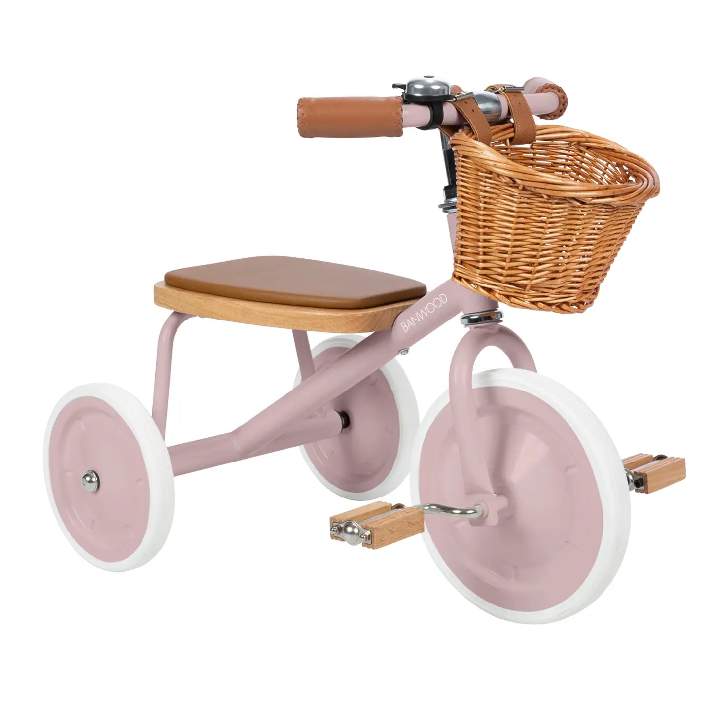 Banwood vintage toddler tricycle in Dusty pink side angle view on white background
