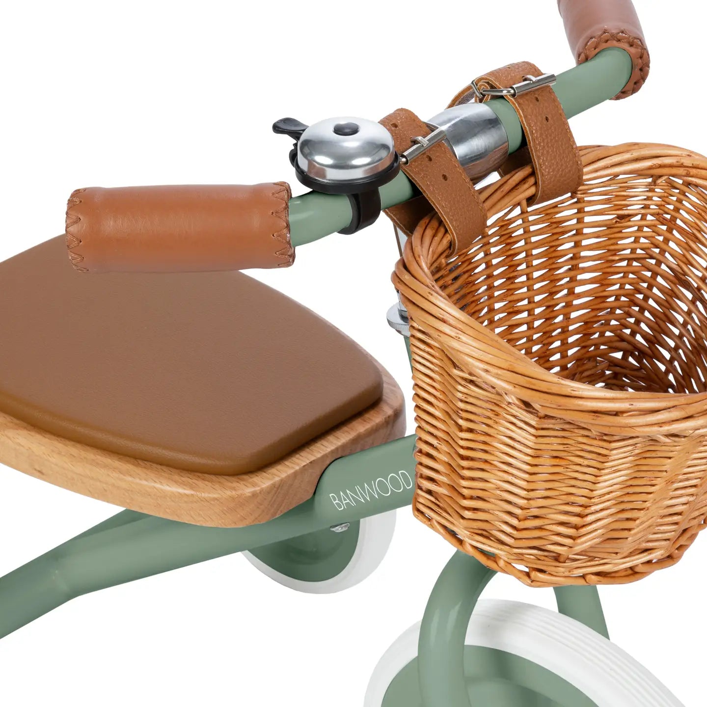 Banwood vintage trike toddler tricycle with close up of wicker basket and bell on white background