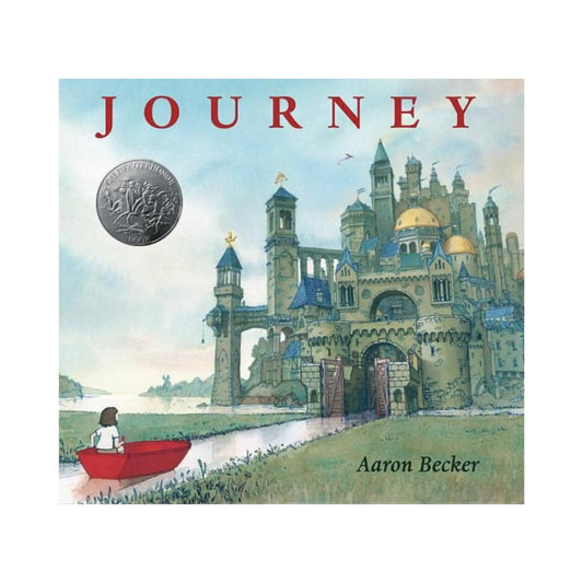 Journey book cover by Aaron Becker showing a child riding in a boat towards a castle