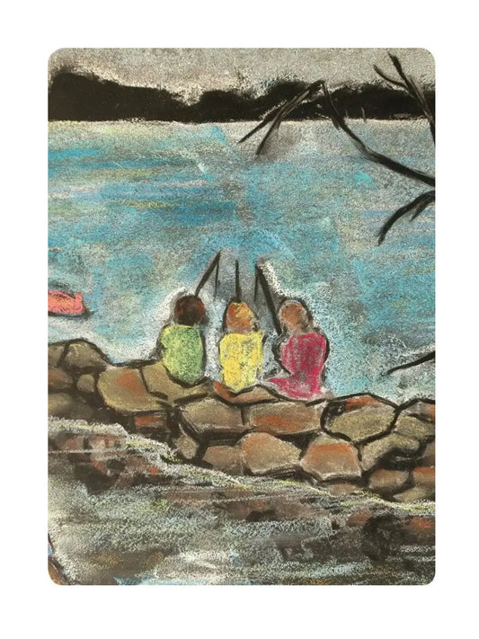 Kapitein Kalk depiction of three children sitting on rocks by a lake.