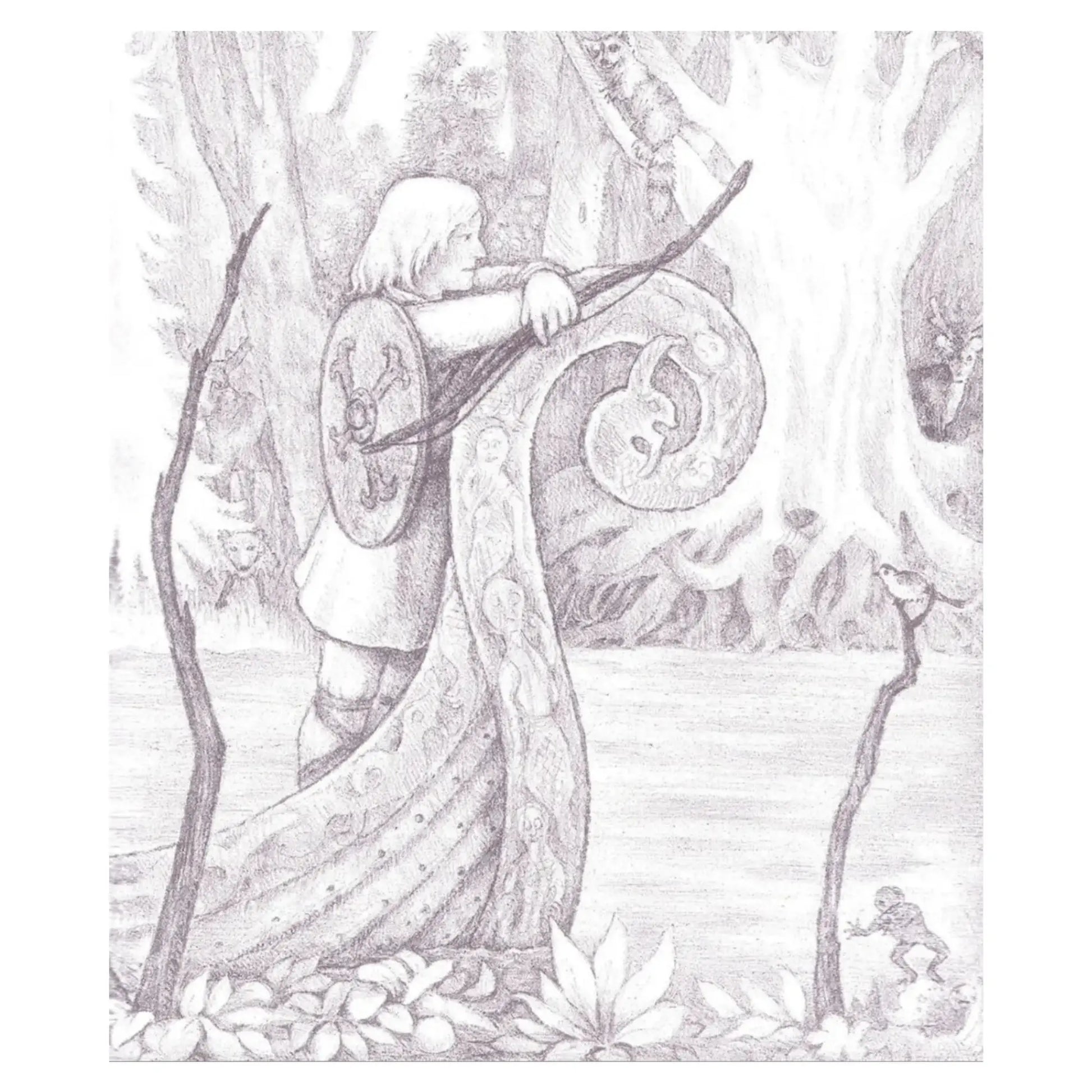 Illustration of a Norse warrior in armor with a shield and bow in a forest setting from Leif the Lucky.