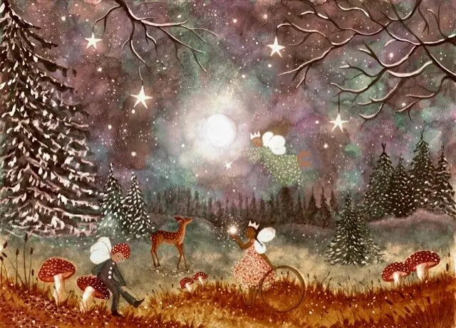 Festive winter scene with children, deer, and mushrooms under a starry sky.