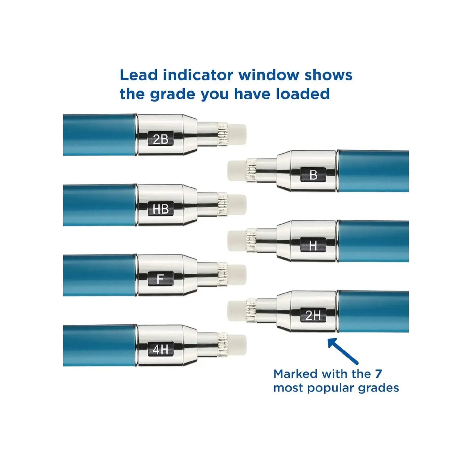 Close up of the rotating lead indicator on mechanical pencil with 7 grades