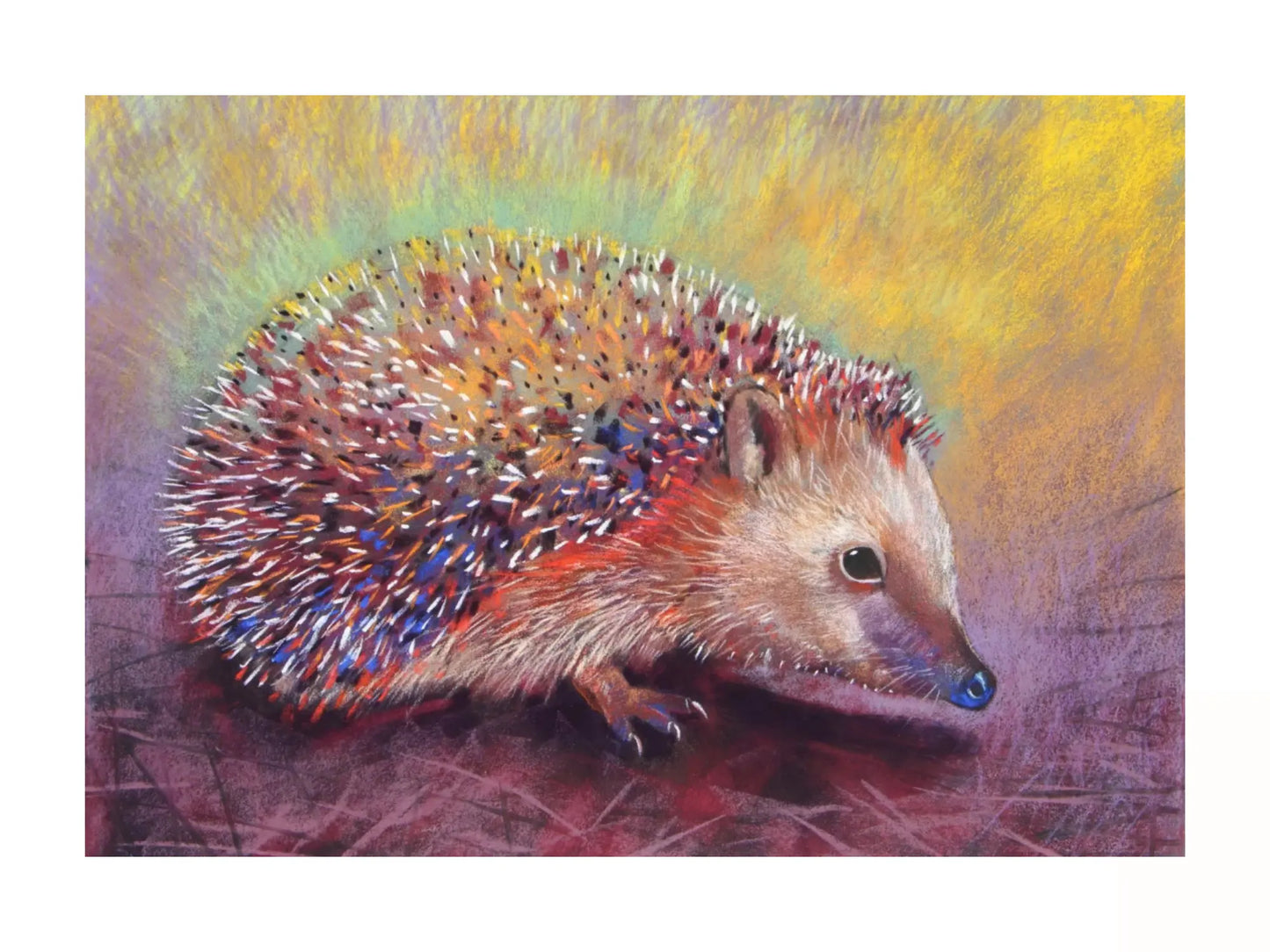 Colorful Waldorf Inspired Postcard of a hedgehog on a textured background