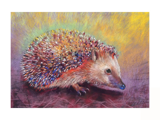 Colorful Waldorf Inspired Postcard of a hedgehog on a textured background