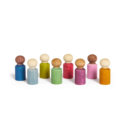 Eight Lubulona Lubu People wooden figures on white background, hand-painted with non-toxic stain showing natural wood grain