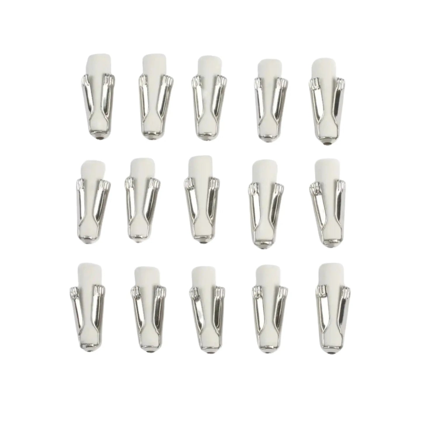 15 mechanical pencil erasers lined up in 3 rows of 5 on white background
