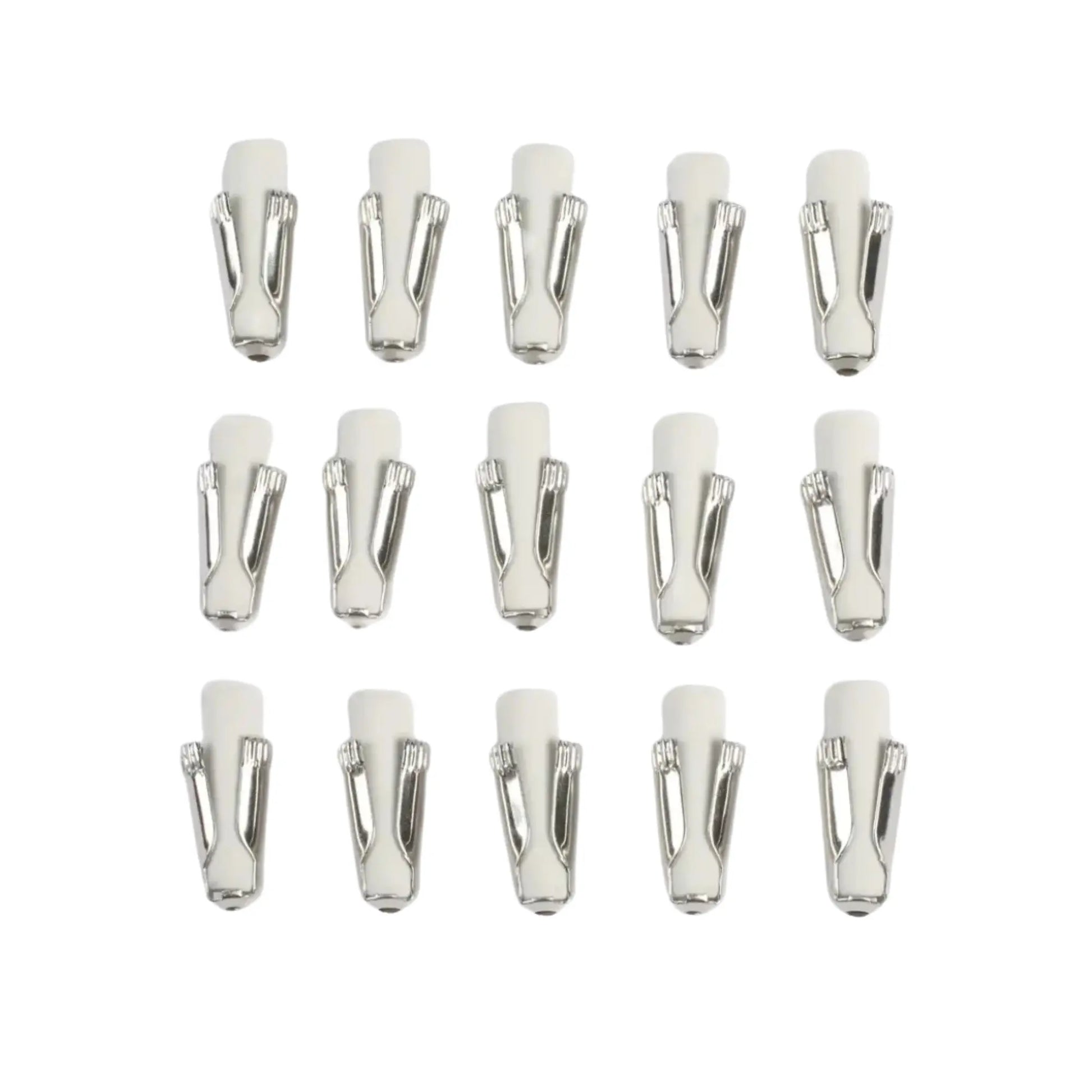 15 mechanical pencil erasers lined up in 3 rows of 5 on white background