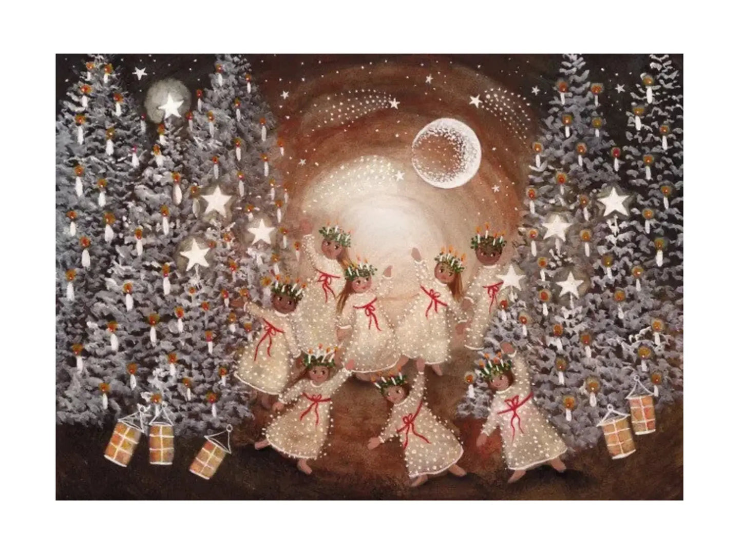 Decorative image of girls dressed as Saint Lucy under a moonlit sky with Christmas trees