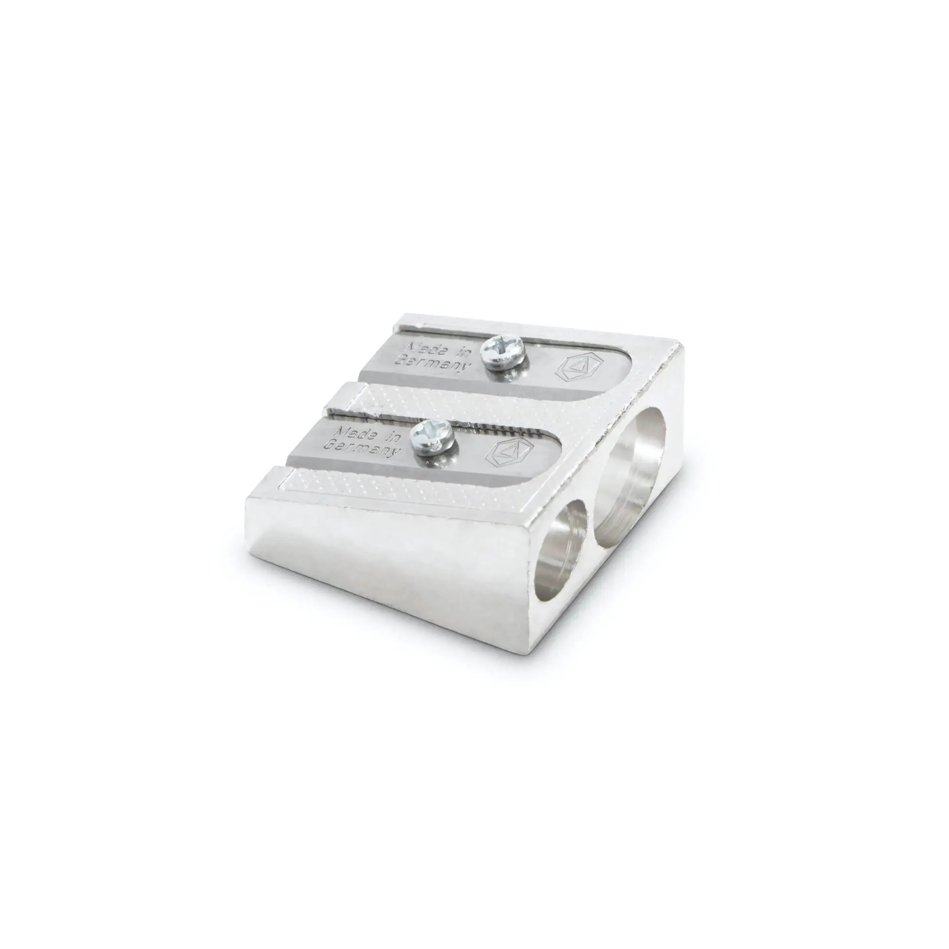Stockmar metal sharpener front and top view showing blades on top and two sizes in front