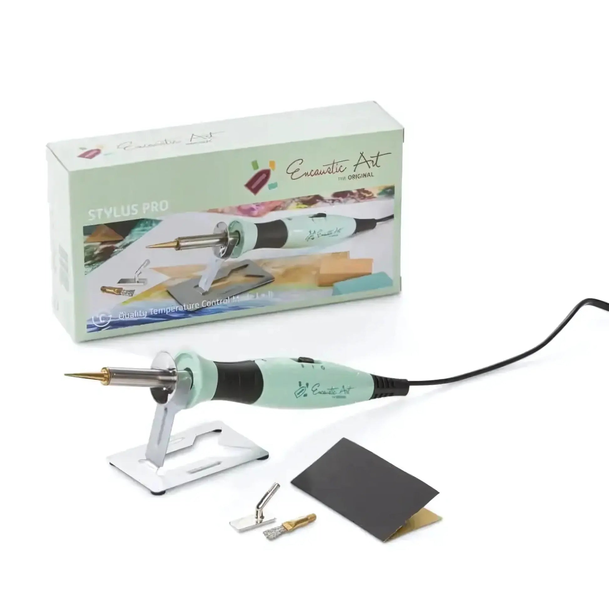 Encaustic Art Stylus Pro set up on its stand with three tips in front of box