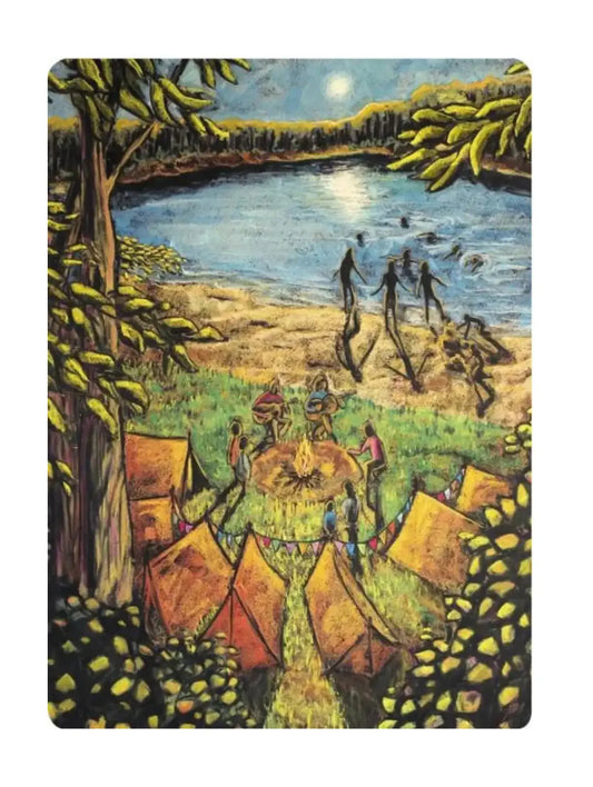 Chalk Art Postcard of families around a campfire with tents and swimming in a lake
