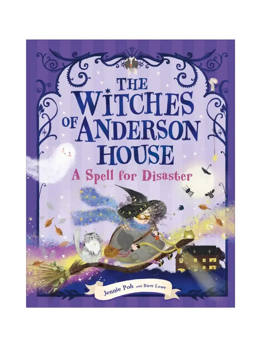 Book cover of 'The Witches of Anderson House: A Spell for Disaster' with a witch on a broomstick.