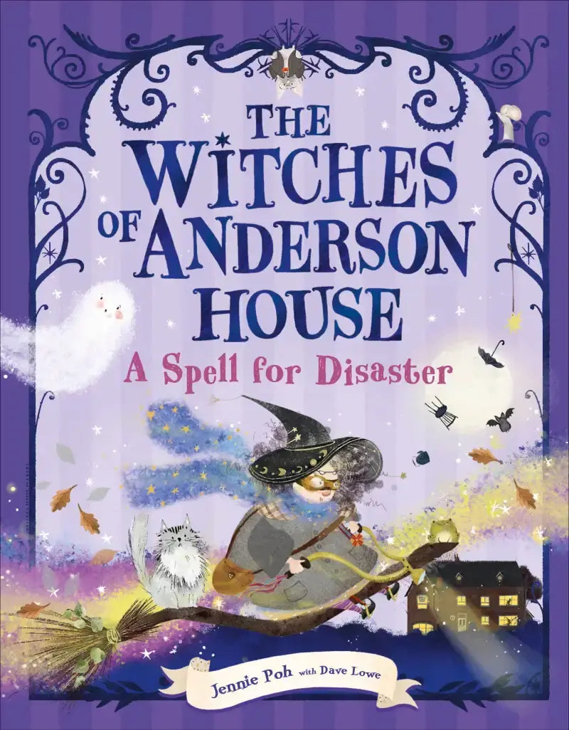 Book cover of 'The Witches of Anderson House: A Spell for Disaster' with witch-themed illustrations.
