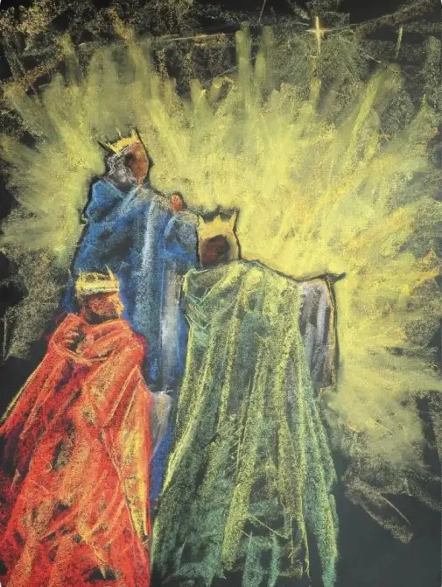Three wise men in colorful robes with a bright light effect