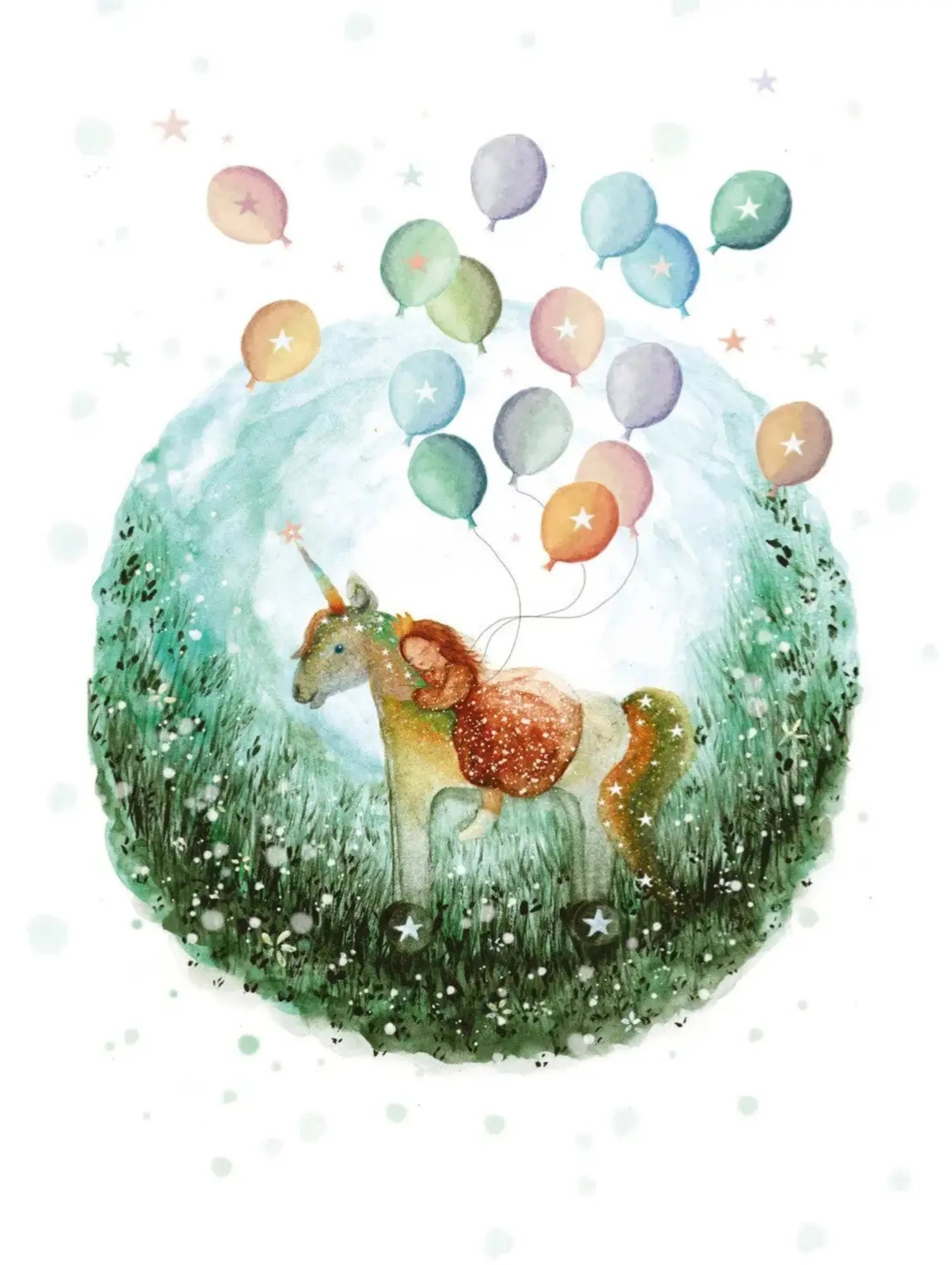Girl with crown on the back of a unicorn hugging its neck surrounded by balloons